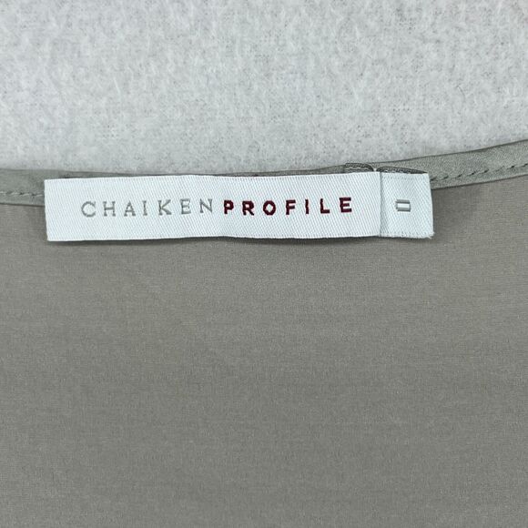 CHAIKEN PROFILE Top 0 XS Stretch Silk Satin Pleated Cap Sleeve Gray Silver USA - Picture 9 of 14